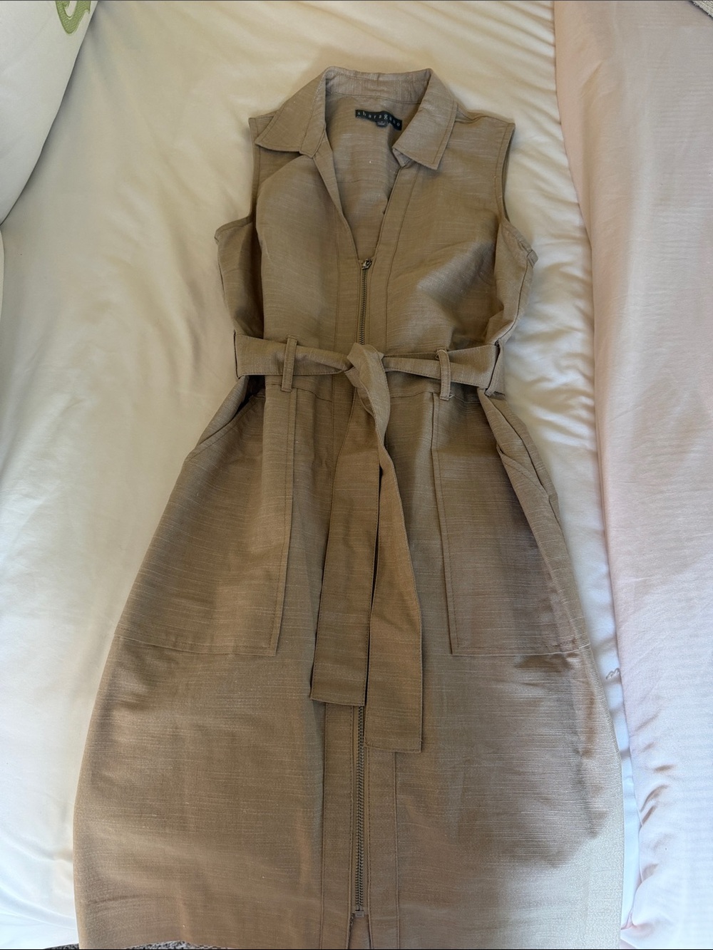Sharagano Sleeveless Belted Midi Dress in Taupe